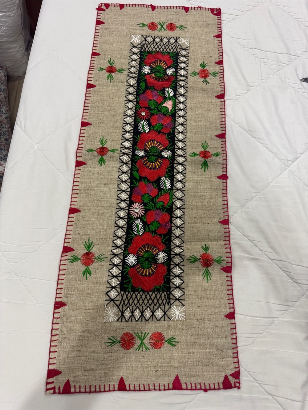 Embroidered Floral Table Runner in Red, Green, Black